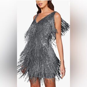 Silver-gray Sequin Cocktail Dress with All-Over Fringe